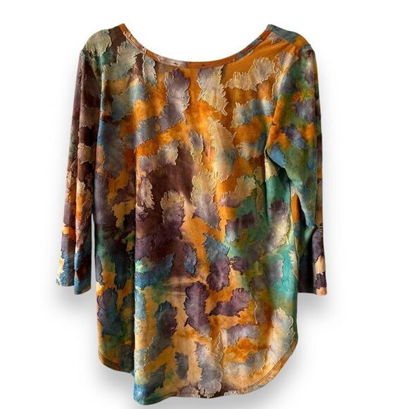 Karen Kane Tie Dye Leaf Print Burnout‎ Shirttail Blouse Top Blue Brown Medium - Picture 3 of 14